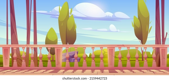 House terrace with white marble balustrade and view to backyard or garden. Vector cartoon illustration of empty building veranda or patio with banister with pillars in classic style and park landscape