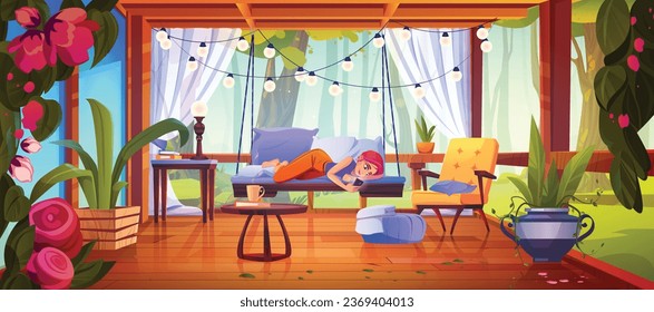 House terrace with woman cartoon vector illustration. Home patio with garden and furniture. Girl lying on outdoor balcony bench in morning with spring forest landscape. Beautiful wooden cottage