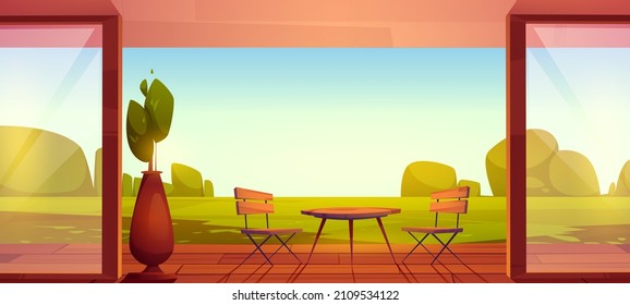 House terrace, wooden patio with table, chairs and view to garden. Vector cartoon illustration with home veranda with roof and glass walls and landscape of backyard with green lawn and trees