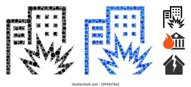 House terror mosaic of filled circles in various sizes and shades, based on house terror icon. Vector random circles are combined into blue mosaic. Dotted house terror icon in usual and blue versions.