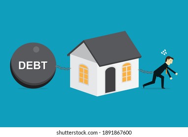 A house tethered to a large debt, Vector illustration in flat style