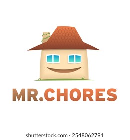 Uma casa que veio à vida - Mr. Chores logotipo vetorial personalizável. Vista de janelas, chapéu. Simboliza casa saudável e limpa e pode ser usado como um logotipo da empresa de limpeza.