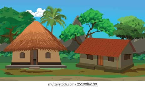 A house with a thatched roof is next to a house with a red roof. The houses are surrounded by trees and a mountain in the background. The scene has a peaceful and serene mood