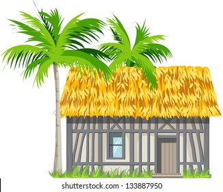 A house with a thatched roof and palm trees