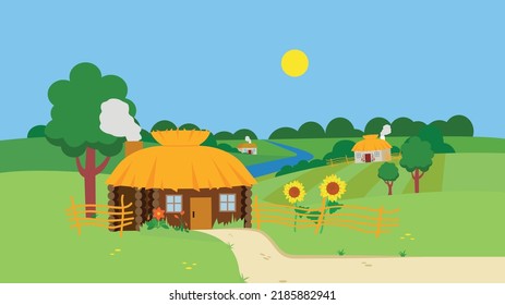 House with a thatched roof and sunflowers in the yard