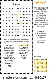 House themed zigzag word search puzzle (suitable both for kids and adults). Answer included. svg