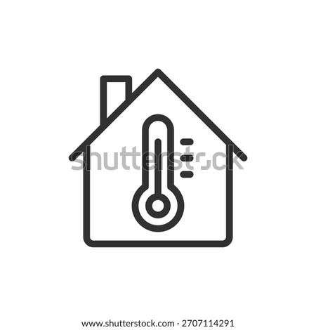 House with thermometer, linear icon. Home temperature and climate control. Line with editable stroke.
