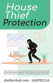 House thief protection poster flat vector template. Precautions. Burglar stealing laptop. Housebreaker. Brochure, booklet one page concept design with cartoon characters. Flyer, leaflet