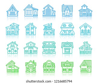 House thin line icon set. Outline vector sign kit of home exterior. Township linear icons includes sale, estate, new build. Simple cottage color contour symbol with reflection isolated on white