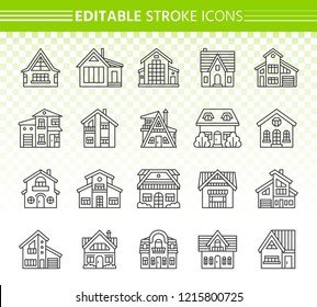 Häusliche dünne Linien-Symbole setzen. Webzeichen von außen. Lineare Township Icon Kit Baugarage, Villa, Hotel, Fassade. Bearbeitbarer Strich ohne Füllung. Cottage-Dorf einfache Umriss-Vektorsymbol