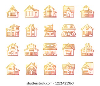 House thin line icons set. Outline vector web sign kit of home exterior. Township linear icon collection includes building, garage, facade. Modern color gradient simple house symbol isolated on white