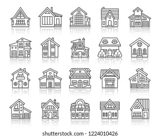 House thin line icons set. Outline sign kit of home exterior. Township linear icon collection includes rental, sale, suburban. Simple cottage black contour symbol with reflection vector Illustration