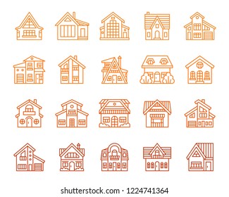 House thin line icons set. Outline sign home exterior kit. Township linear icon collection residence, chalet, rent. Simple cottage building color contour symbol isolated on white. Vector Illustration