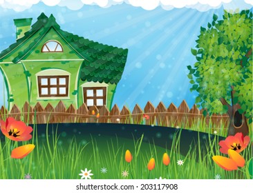 House with a tiled roof and a tree with lush foliage in a sunny meadow. Rural landscape