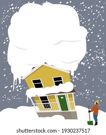 House Tilting Under A Heavy Weight Of Snow On The Roof, Owner Looking At It With A Snow Shovel, EPS 8 Vector Illustration