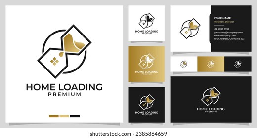 House time loading logo and business card design template vector. House time hourglass icon logo.