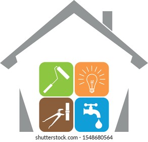 House and tools, janitor service logo