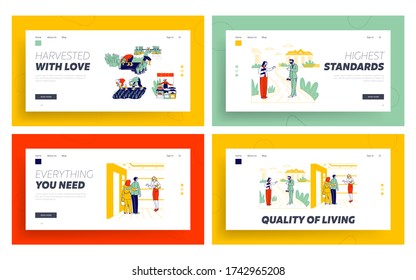 House Tour Presentation, Rice Cultivation Landing Page Template Set. Characters Choose House for Living Using Real Estate Broker Service. People Growing Rice Grain on Field. Linear Vector Illustration