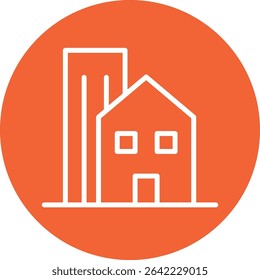 House and Tower Line Illustration in Orange Circle