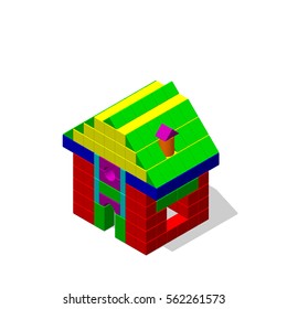 House from toy building blocks. Isolated on white background. 3d Vector colorful illustration. Isometric style.