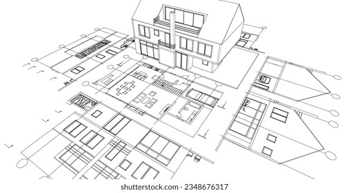  house traditional architecture plan 3d illustration