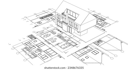  house traditional architecture plan 3d illustration