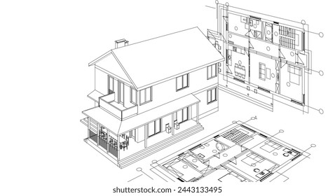 ilustración 3d del plan de arquitectura tradicional de la casa