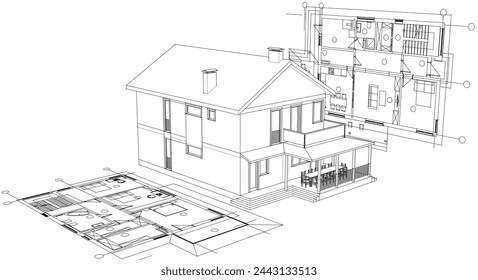 house traditional architecture plan 3d illustration