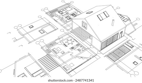 house traditional architecture plan 3d illustration