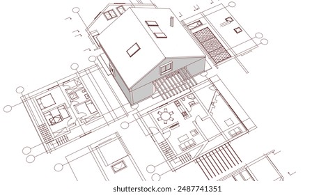 house traditional architecture plan 3d illustration