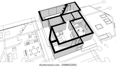 house traditional architecture plan 3d illustration