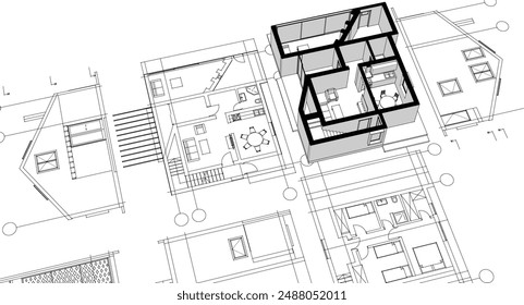 house traditional architecture plan 3d illustration