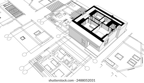 house traditional architecture plan 3d illustration