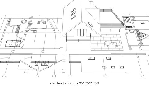  Haus traditionelle Architektur Plan 3D-Illustration