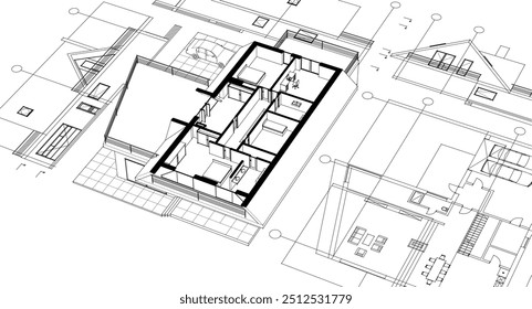  Casa Plan de arquitectura tradicional Ilustración 3D
