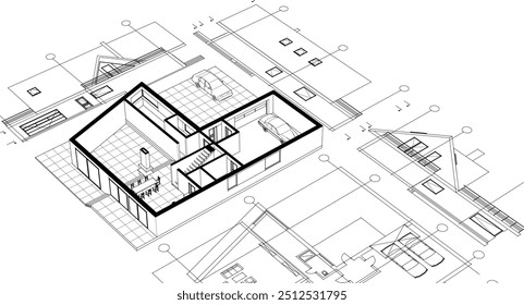  Casa Plan de arquitectura tradicional Ilustración 3D