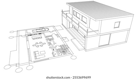 house traditional architecture plan 3d illustration	