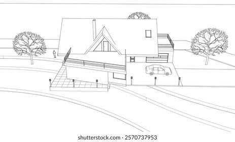 house traditional architecture plan 3d illustration	