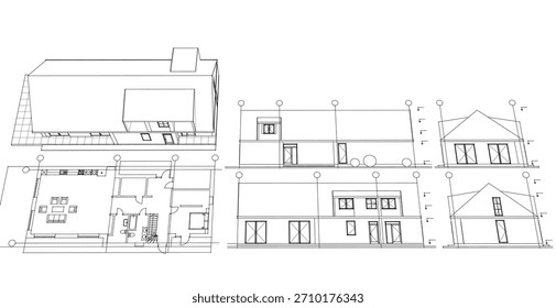 Casa Plan de arquitectura tradicional Ilustración 3D	