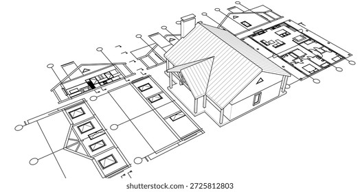 Casa Plan de arquitectura tradicional Ilustración 3D