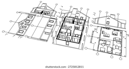 Casa Plan de arquitectura tradicional Ilustración 3D