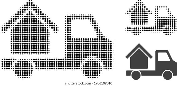 House trailer halftone dotted icon. Halftone pattern contains round dots. Vector illustration of house trailer icon on a white background.