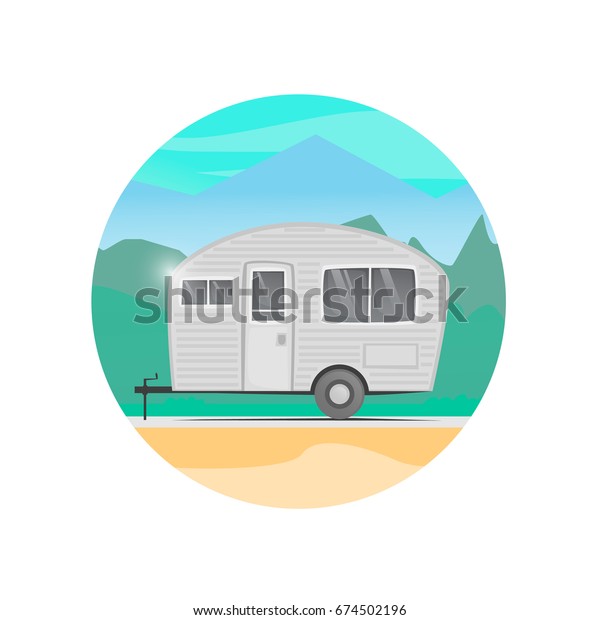 House trailer on wheels. Camping. Flat\
design vector\
illustration.