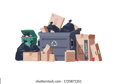 House trash bin. Cardboard box. Heap of rubbish. Garbage bag. Container. Vector illustration.