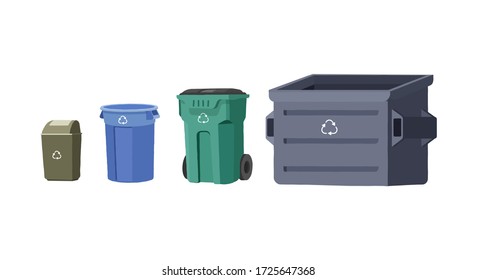 House trash bins. Garbage cans of different sizes. Garbage processing. Container. Colorful recycle trash buckets. Vector isolated illustration in a flat style on a white background.