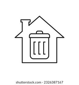 House with trash can. Domestic waste, home garbage line icon isolated on white background. Vector illustration