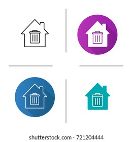 House with trashcan inside icon. Flat design, linear and color styles. Garbage removal service. Isolated vector illustrations