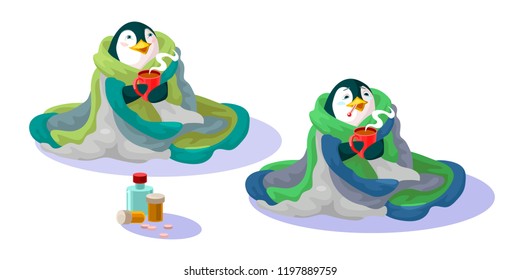 House treatment and recovery cartoon of a penguin