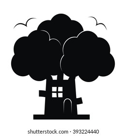 house in tree, back silhouette, vector icon