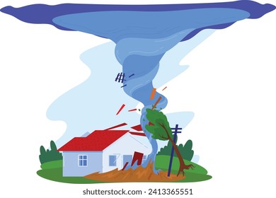 Casa y árbol golpeados por un tornado, volando escombros, concepto de desastre natural. Propiedad perjudicial de tornado, ilustración del vector del clima extremo.
